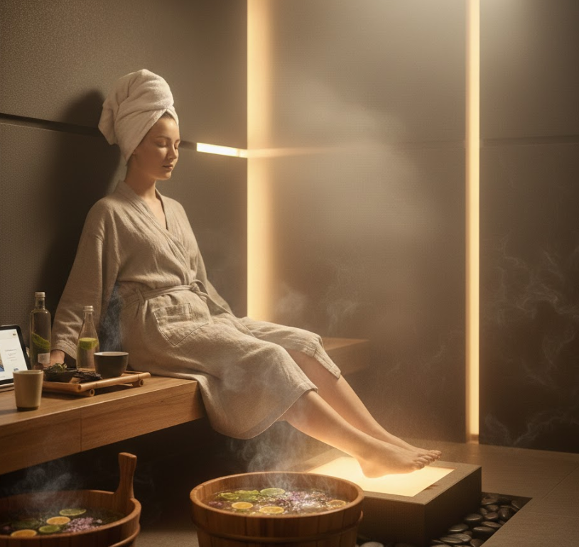 Globok wellness vodnik za masažo stopal v sobi za parjenje